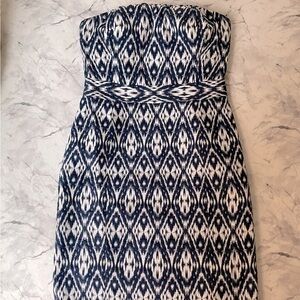 Banana Republic Navy and Cream Ikat Jacquard Knee Length Strapless Dress 10